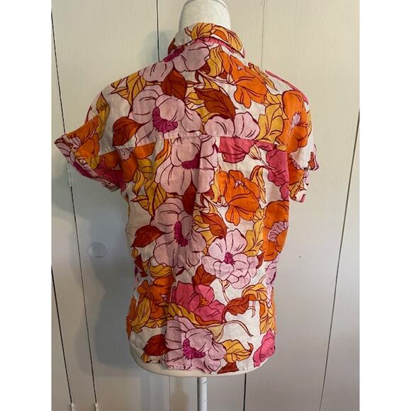 Rachel Women's Short Sleeve Hawaiian Floral 100% Linen Button Front Shirt - Picture 3 of 5